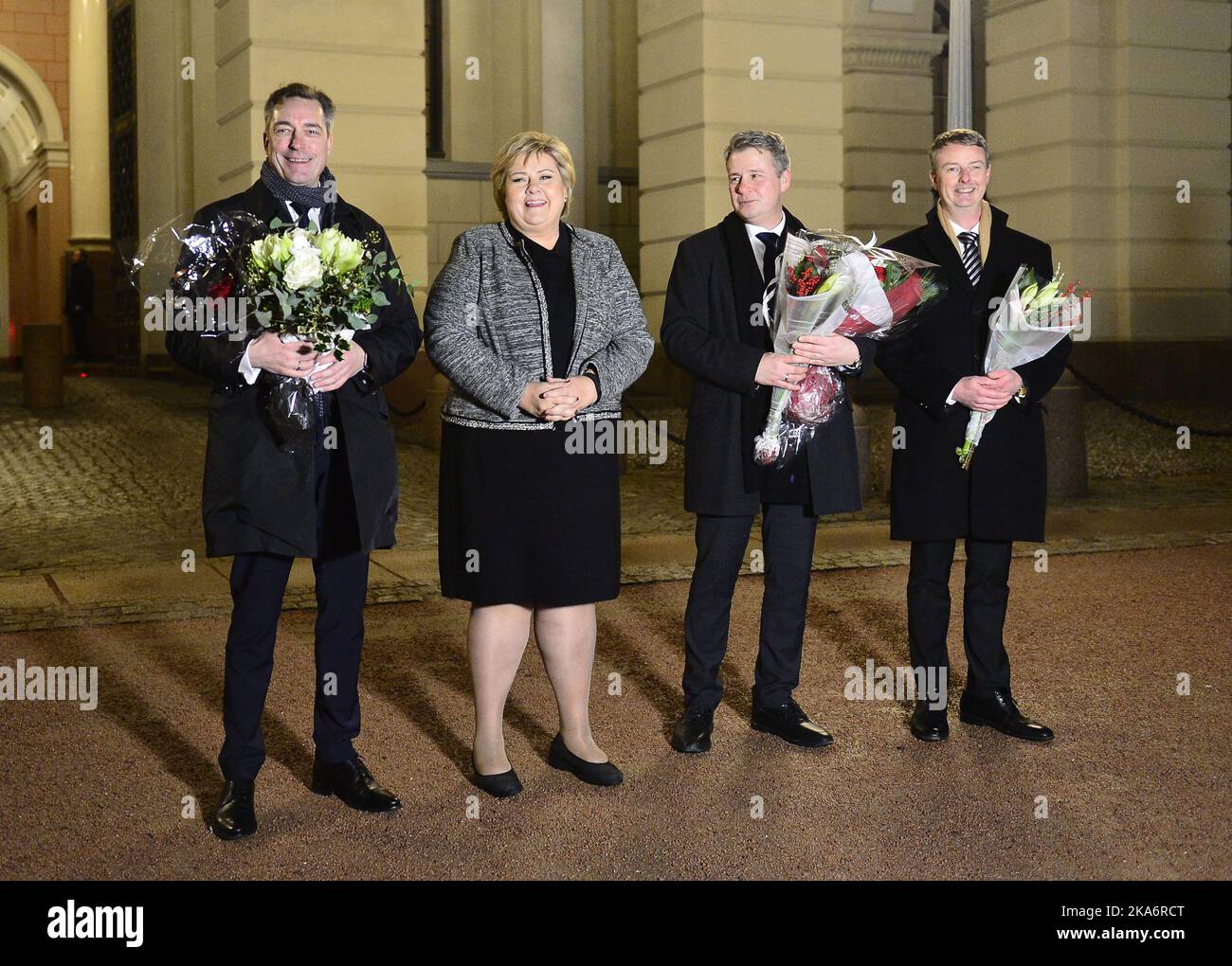 Norway`s Prime Minister Erna Solberg (2nd L) presents newly appointed Minister for EU affairs, Frank Bakke-Jensen (L), Minister for Oil and Energy, Terje Soviknes (2nd R) and Justice Minister Per-Willy Amundsen (R), outside the Royal Palace in Oslo, 20 December 2016. Photo by Fredrik Varfjell / NTB scanpix Stock Photo